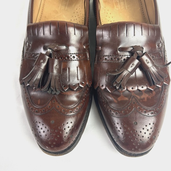 Johnston & Murphy Optima Sz 9.5 C Brown Leather Tassels Wing Tip Slip On Preppy - Picture 10 of 13